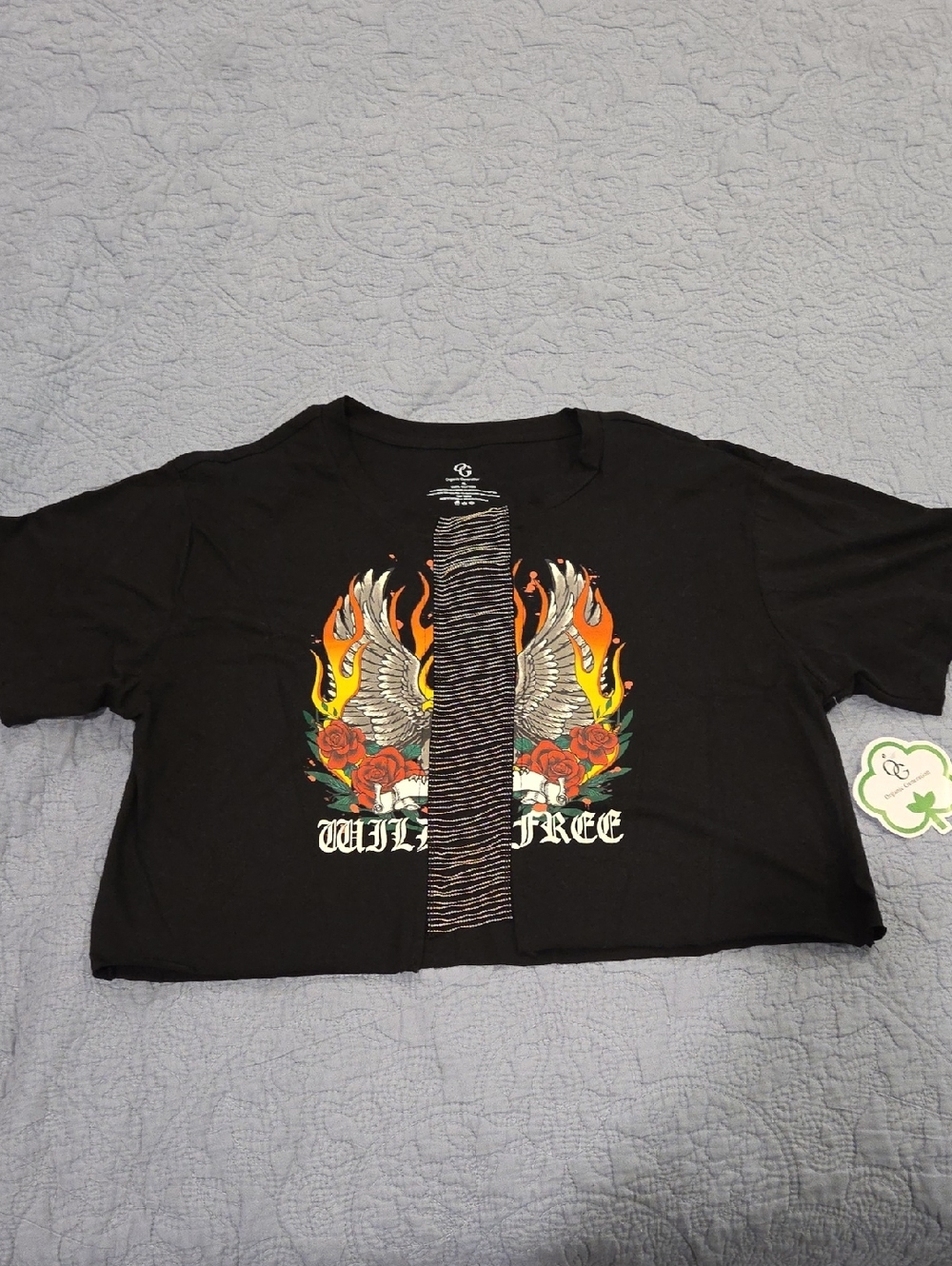 Will Free Black Graphic Crop Top with Flame & Wing Design Size XL, New W/ Tags!